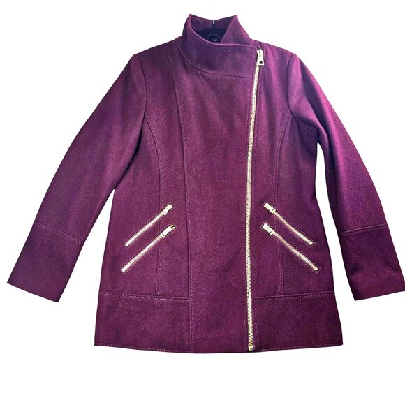 Guess Jackets & Blazers - Guess LA Vintage Wool-Blend Moto-Style Gold Zip Detail Coat Wine Women's Large